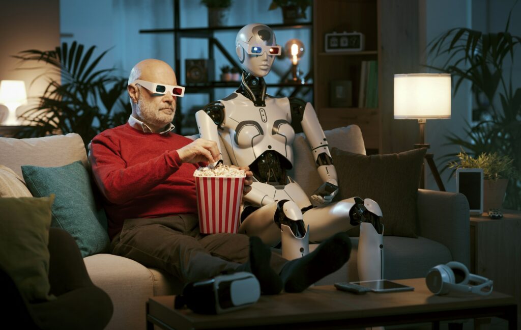 Man and AI robot watching movies together