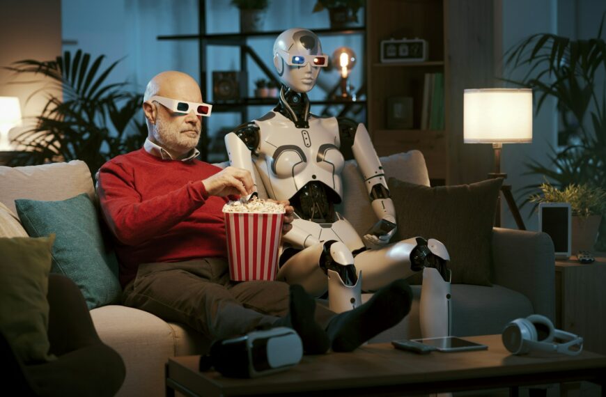 Man and AI robot watching movies together